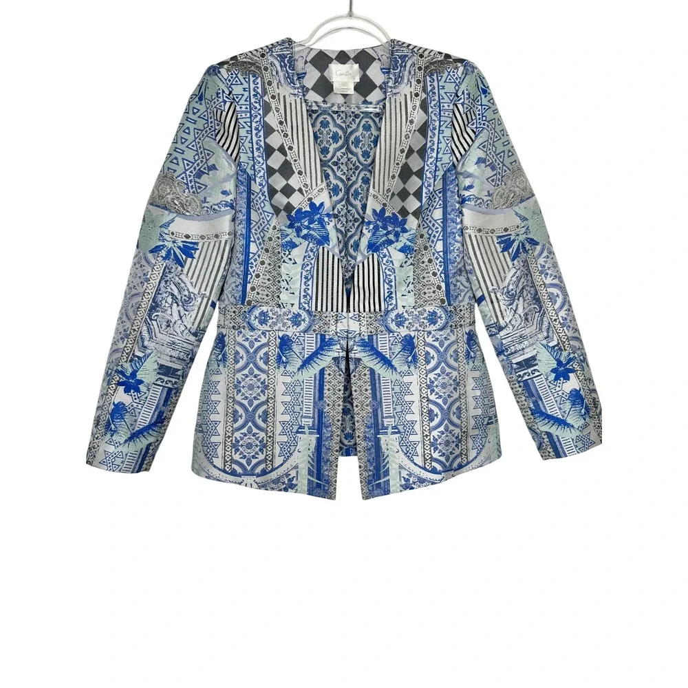 Camilla Peplum Blazer Size L Blue White Mosaic Print Crystal Embellished Art